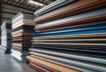 Stacks of various colored and textured garage door panels in a warehouse, ready for installation