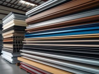 Stacks of various colored and textured garage door panels in a warehouse, ready for installation