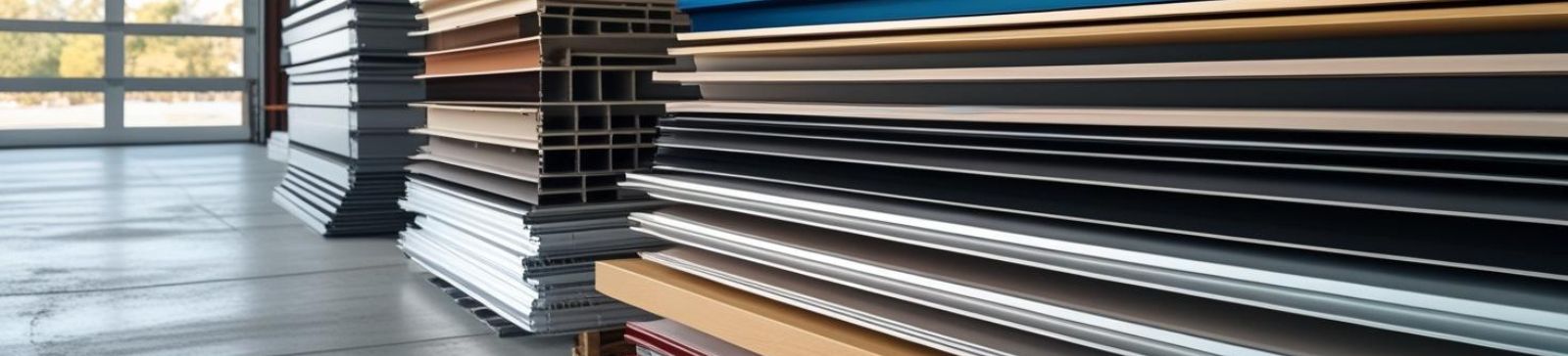 Stacks of various colored and textured garage door panels in a warehouse, ready for installation