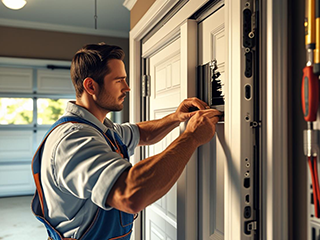 Professional garage door technician performing repairs on a residential garage door in Saratoga Springs, with tools organized on the wall