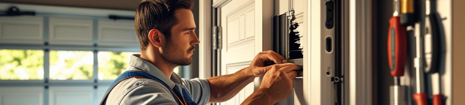 Professional garage door technician performing repairs on a residential garage door in Saratoga Springs, with tools organized on the wall