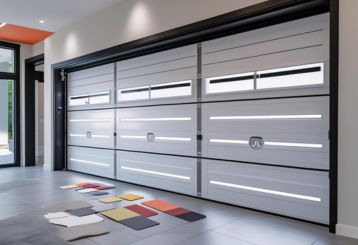 Contemporary double garage doors with glass panels and various material color samples displayed on the floor in a Saratoga Springs home