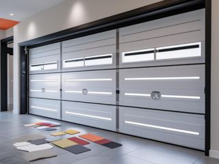 Modern Garage Doors with Smart Technology and Material Samples Contemporary double garage doors with glass panels and various material color samples displayed on the floor in a Saratoga Springs home