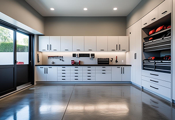 Sleek, modern garage with custom cabinets, organized tool storage, and polished concrete floor in Saratoga Springs
