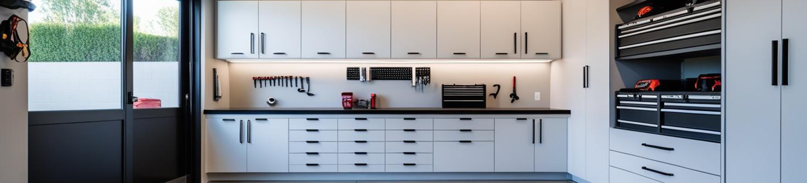 Sleek, modern garage with custom cabinets, organized tool storage, and polished concrete floor in Saratoga Springs