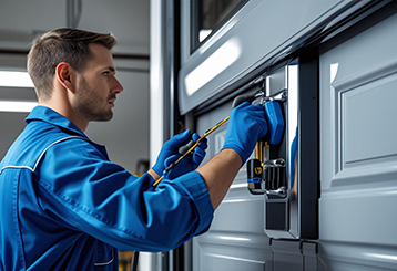 Technician in blue uniform performing maintenance on a residential garage door with tools laid out on a workbench in Saratoga Springs