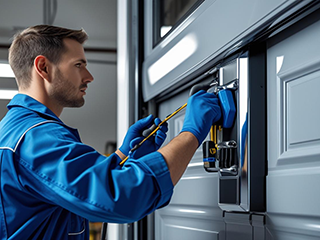 Technician Performing Preventive Garage Door Maintenance in Saratoga Springs Technician in blue uniform performing maintenance on a residential garage door with tools laid out on a workbench in Saratoga Springs