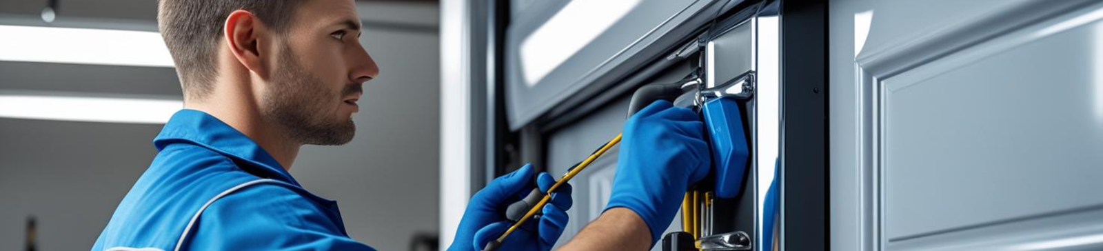 Technician in blue uniform performing maintenance on a residential garage door with tools laid out on a workbench in Saratoga Springs