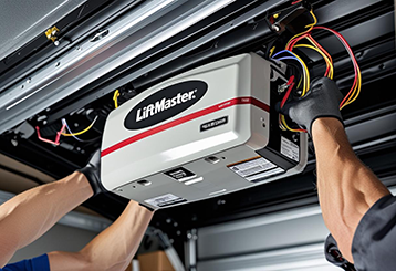 Technician wiring and installing a LiftMaster garage door opener unit in a Saratoga Springs garage