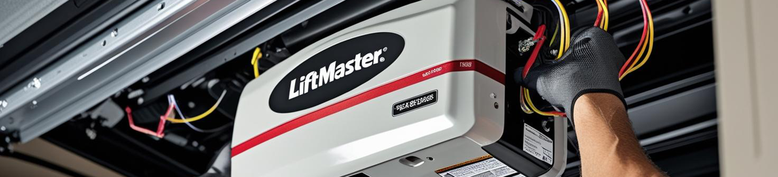 Technician wiring and installing a LiftMaster garage door opener unit in a Saratoga Springs garage