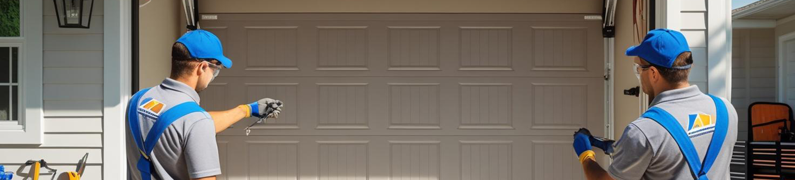 Two uniformed technicians installing and inspecting a residential garage door in Saratoga Springs, with tools and equipment in view