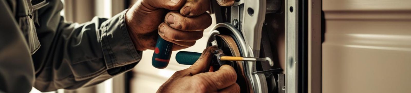 Close-up of technician repairing a garage door pulley in Saratoga Springs