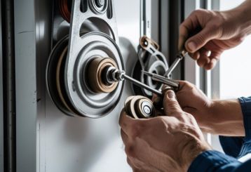 Close-up of technician’s hands replacing a garage door pulley with tools in Saratoga Springs