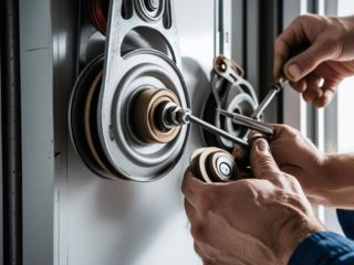 Technician Replacing Garage Door Pulley in Saratoga Springs Close-up of technician’s hands replacing a garage door pulley with tools in Saratoga Springs