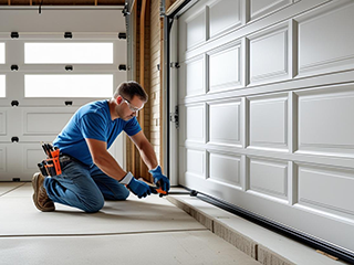 Professional New Garage Door Installation in Saratoga Springs Technician installing a new white paneled garage door in a residential garage in Saratoga Springs