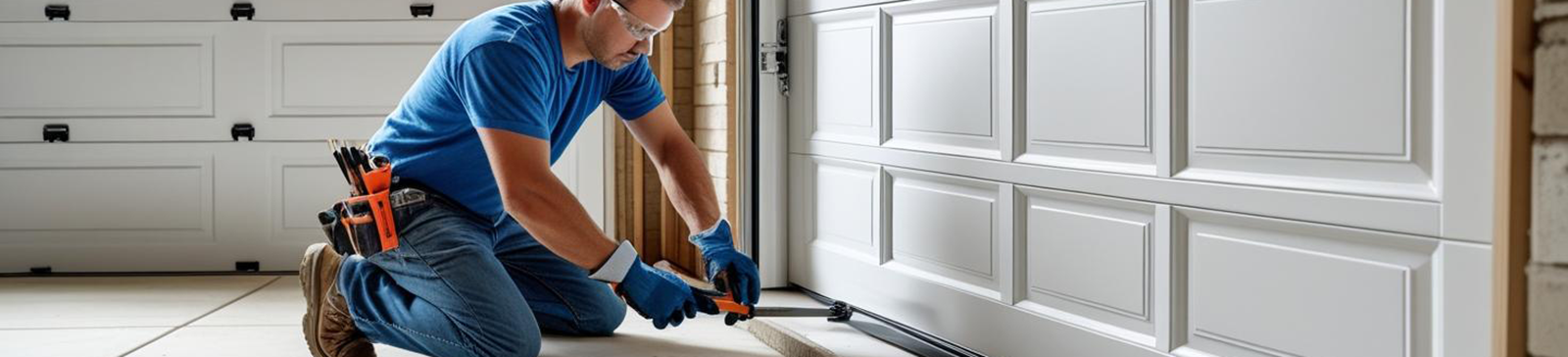 Technician installing a new white paneled garage door in a residential garage in Saratoga Springs